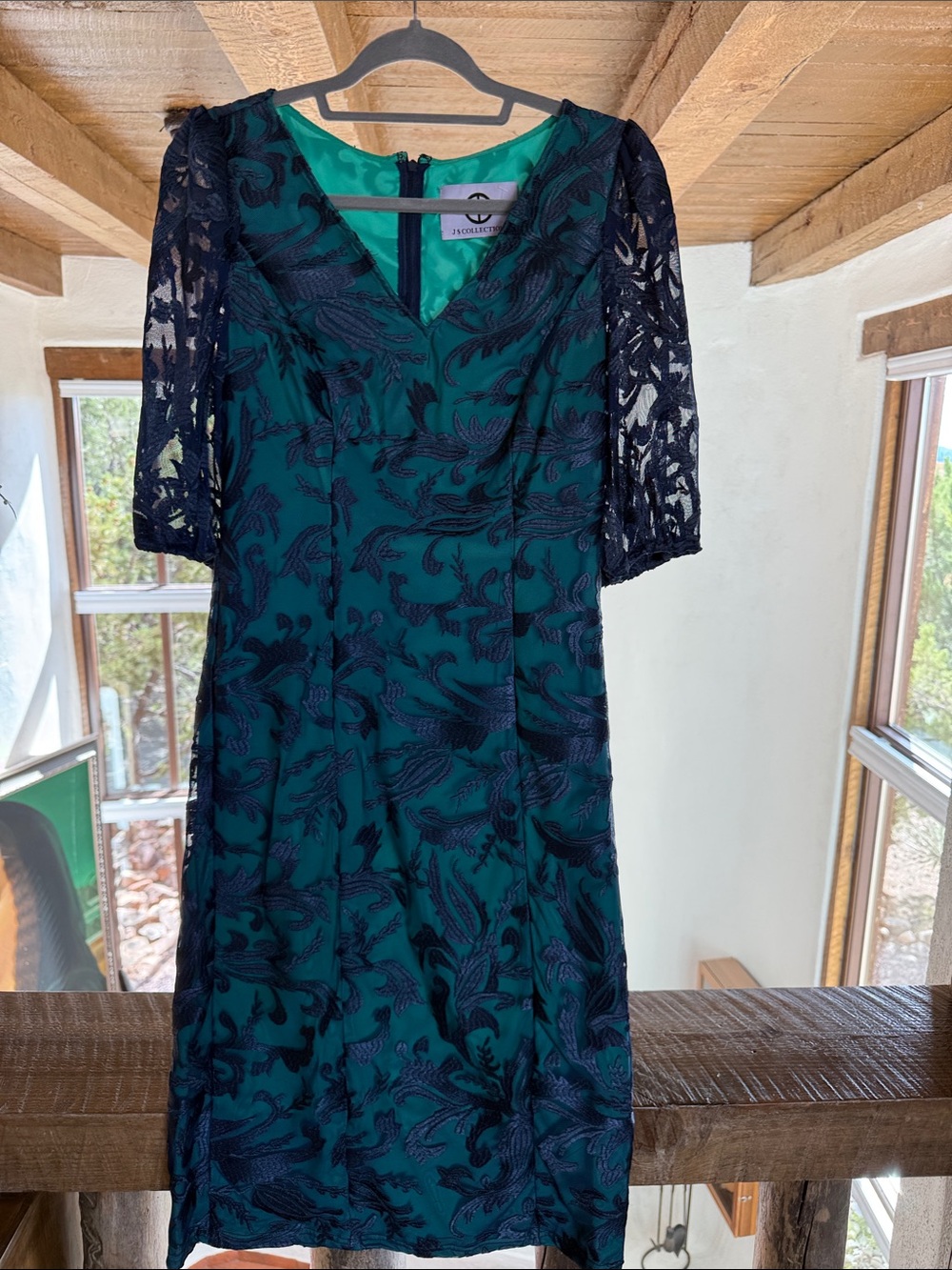 JS Collections Teal Dress with Navy Lace Overlay